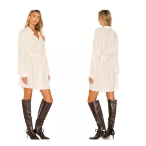 L’Academie Revolve Amalie Long Sleeve Belted Mini Shirt Dress NWT Beige Large - Picture 2 of 4
